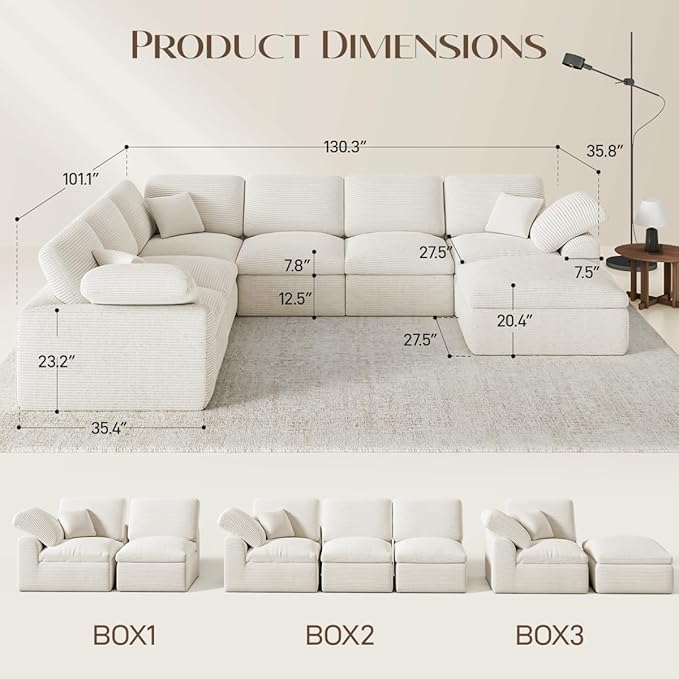 Cloud Sectional Couches for Living Room 7 Seater Cloud Modular Couch L Shaped Corduroy Sectional Sofas with Ottoman Boneless Comfy Sofa for Apartment No-Assembly Cream