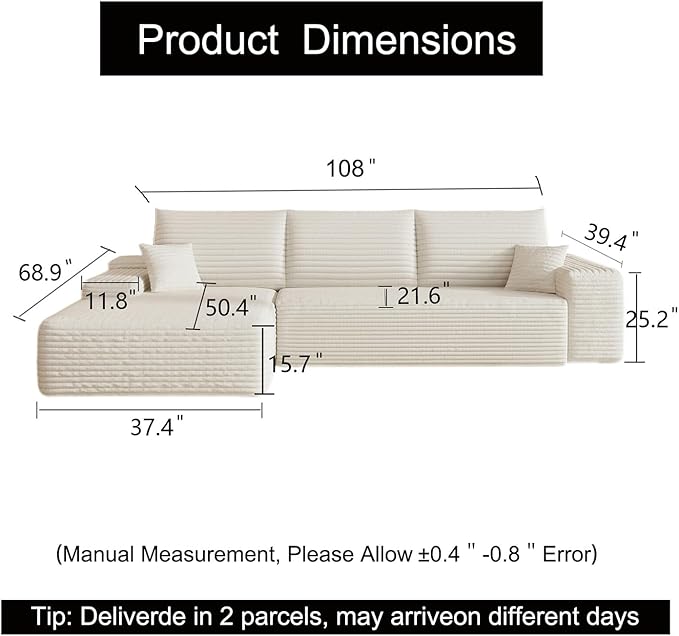 108 L-Shaped Sectional Corduroy Boneless Couch with Chaise Modern Modular Couches for Living Room Apartments Upholstered Cloud Sofa with Deep Seat No Assembly Required (White Left Facing Chaise)