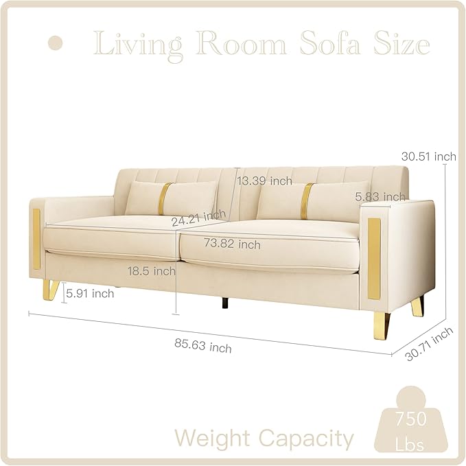 85.63 Modern Velvet Sofa with Gold Metal Legs Large Upholstered Mid Century Modern Comfy 3 Seater Couches for Living Room Bedroom Office (Beige)