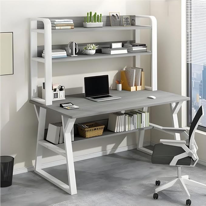 LITFAD Modern Computer Desk Home Office Desk with Storage Shelves Study Table with Bookcase for Study Room and Office Without ChairsGrey&ampWhite-39.5 L x 19.5 W x 58 H