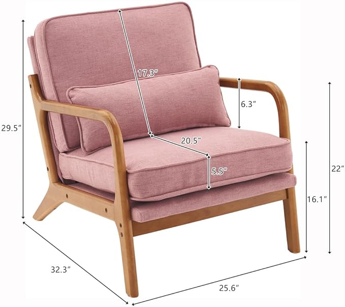Accent Chair Mid-Century Modern Upholstered Armchair with Lumbar Pillow Comfy Lounge Chair Reading Chair with Solid Wood Frame &amp Soft Cushion for Living Room Bedroom Balcony Pink