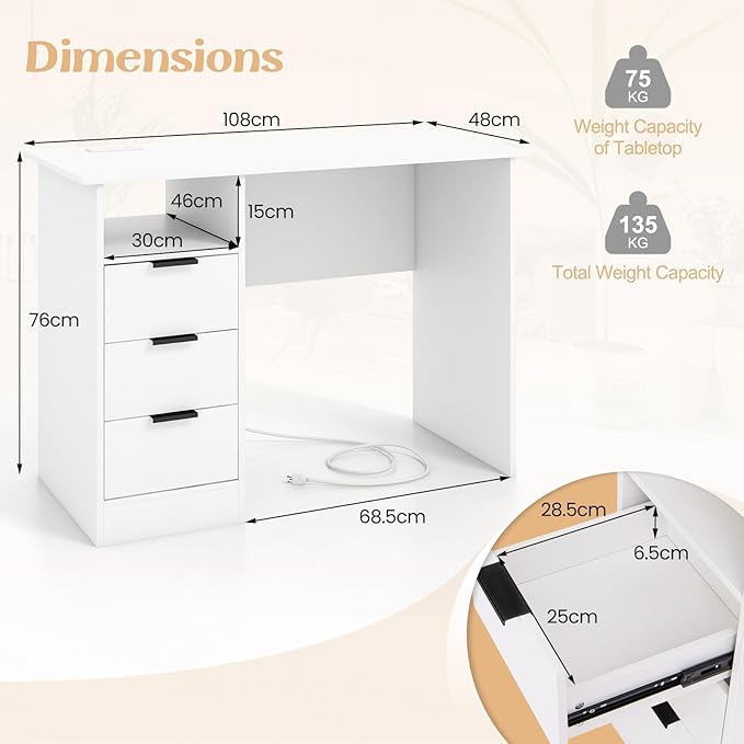 Giantex White Desk with Drawers Modern Computer Desk with Charging Station PC Laptop Table Computer Workstation with Storage Makeup Vanity Table Writing Desk for Bedroom