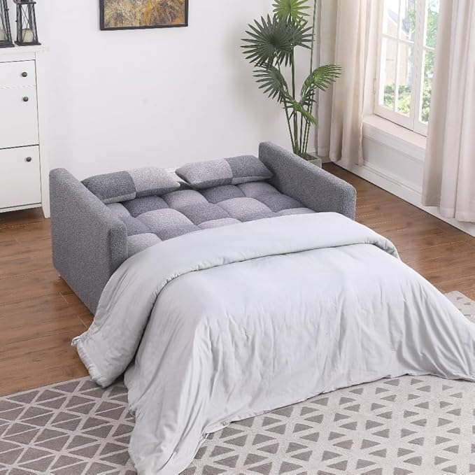 Loveseat Sleeper Sofa- 3 in 1 Convertible Sofa BedPull Out Couch with Adjustable BackrestMulti-Functional Lounge Chair with Teddy Fabric for Living RoomSmall Space (Grey)