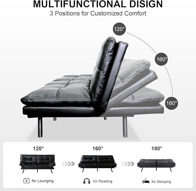 MUUEGM Futon Sofa Bed 71 Folding Recliner Lounge with Adjustable Backrest &amp Armrests Comfy Loveseat Sleeper Couch for Compact Spaces Faux Leather Black