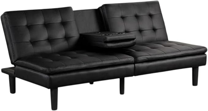 Benzara Berie Futon Sofa Bed Drop-Down Tray Cupholder Black Faux Leather