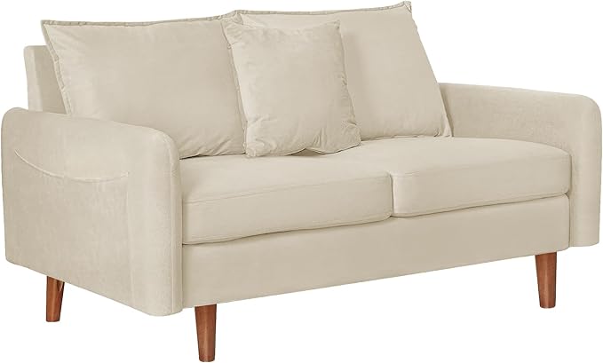 56.1 Round Arm Velvet Loveseat with Side Pockets and a Square Pillow (Beige) | Side Storage Pockets Pillow Included