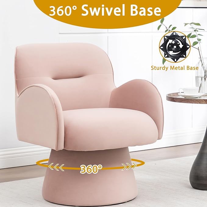 Swivel Chair with Armrest Modern Velvet Barrel Chairs with Curve Back Soft Cushion Comfy Accent Round Armchair Single Sofa for Living Room Bedroom Pink