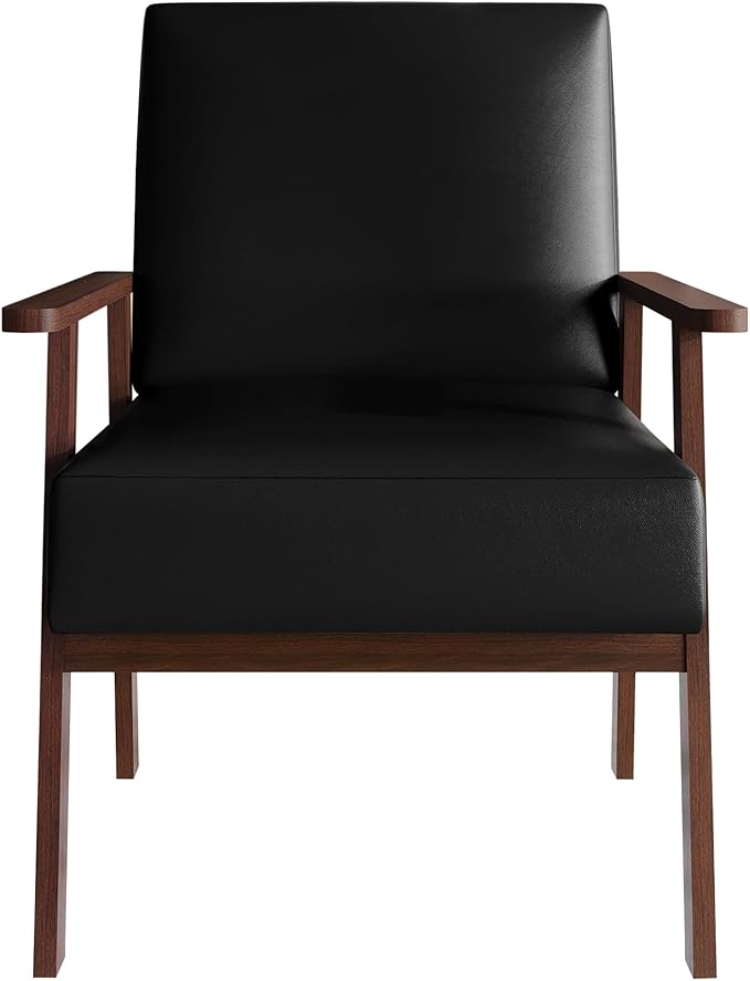 Mid-Century Modern Accent Chair Polyurethane Upholstery Wooden Armrests Cushioned Seat Easy Assembly Black
