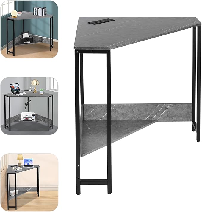 26.77 * 29.53in Corner Computer Desk Corner Table with Outlets Triangle Desk with Storage for Home Office Workstation Living Room Bedroom Rustic Gray