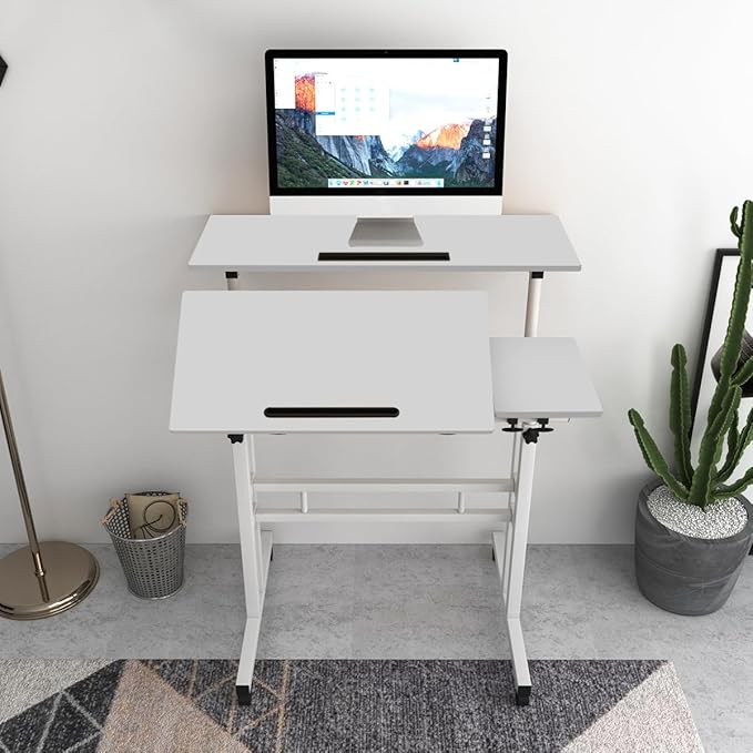DlandHome Adjustable Rolling Sit-Stand Desk Mobile Computer Desk Stand Up Workstation White