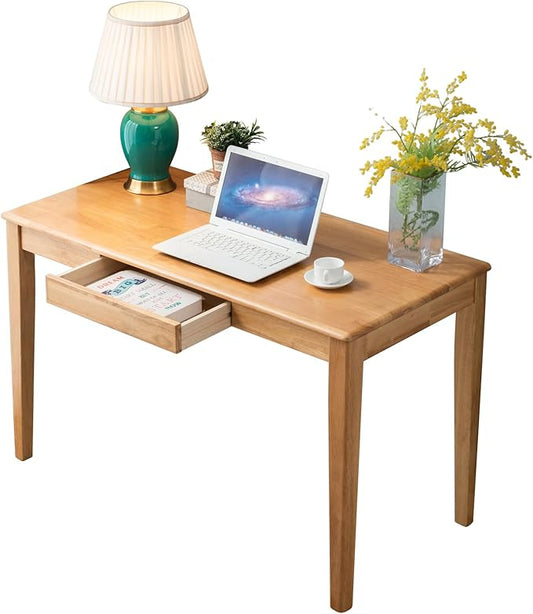 Solid Wood Desk with Drawer Wooden Home Office Desk for Work Student Computer Desk for Small Spaces Gaming Study PC Desk for Bedroom Easy to Assemble (Teak Color 47 inch)