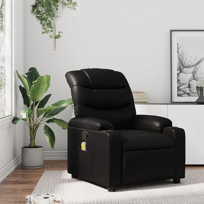 vidaXL Black Faux Leather Massage Recliner Chair-Elderly Reclining Armchair with Manual Adjustment-USB-Powered Vibrating Massage