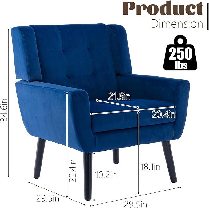 Modern Accent Chair Velvet Upholstered Armchair with Thick Padding Fluffy Comfy Reading Chair Cozy Living Room Chair with Black Wood Legs Single Sofa Chair for Home Office Bedroom Blue
