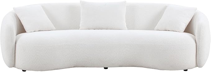 WILLIAMSPACE 94 Modern Curved Sofa Back Upholstered Boucle Couch with 3 Throw Pillows 3-Seat Boucle Fabric Couch for Living Room Office Apartment White