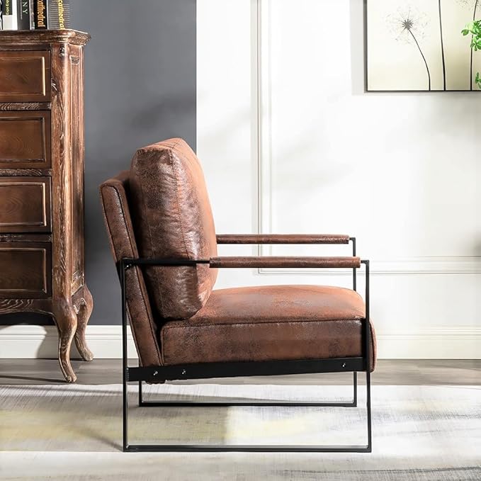 Classic Mid Century Modern Accent Chair with Square Metal e Armchair for Living Room Bedroom Home Office in Spotted Microfiber Upholstery Brown