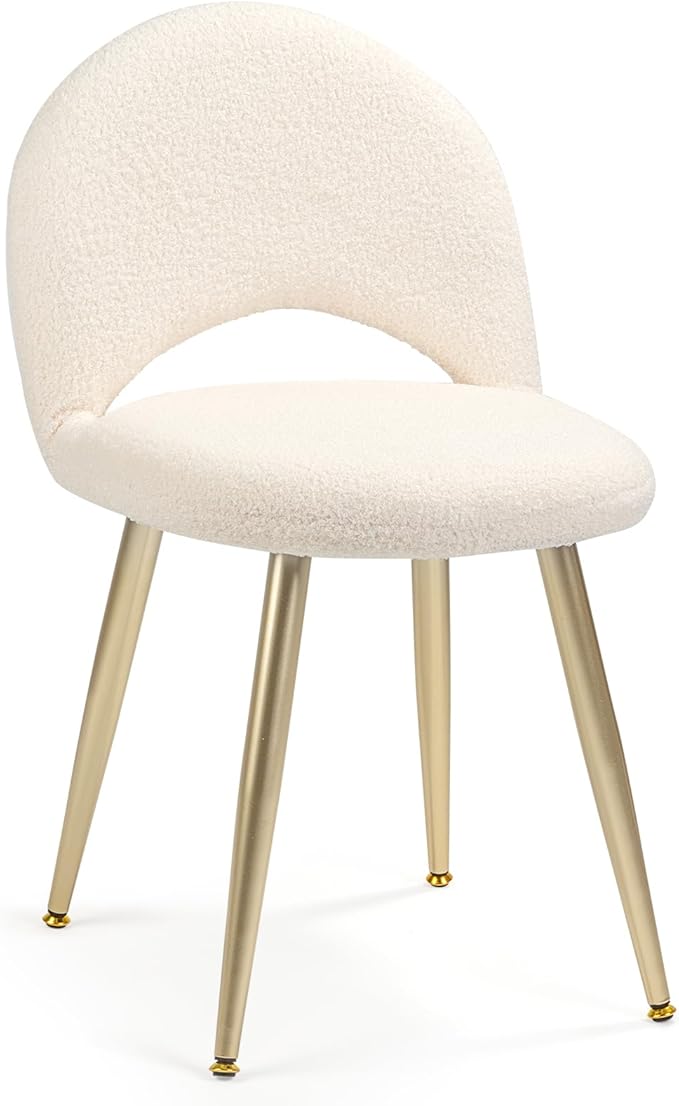 Vanity Chair with Adjustable Backrest Boucle Upholstery Armless Makeup Stool Cream White Sherpa Vanity Stool with Gold Metal Legs for Bedroom Living Room Kitchen Dinning Room(White)
