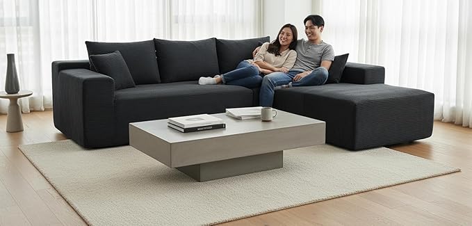 Ridge 2-Piece Convertible Corduroy L-Shaped Sofa in a Box with Pillows 3-Seater Modular Sectional Couch Compressed Living Room Furniture Black (Right Facing)