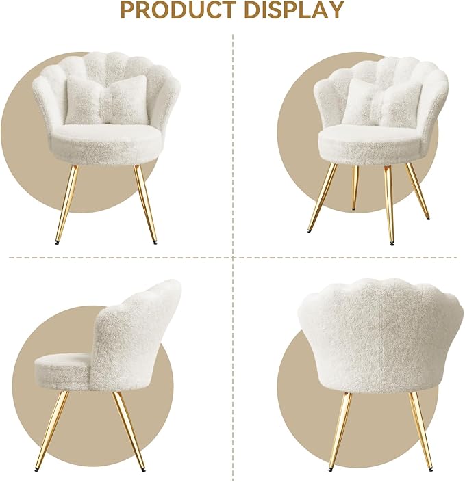 Plush Velvet Sherpa Accent Chair with Gold Metal Legs Fluffy Vanity Chair for Makeup Room Upholstered Guest Chair for Living Room for Bedroom Cream White