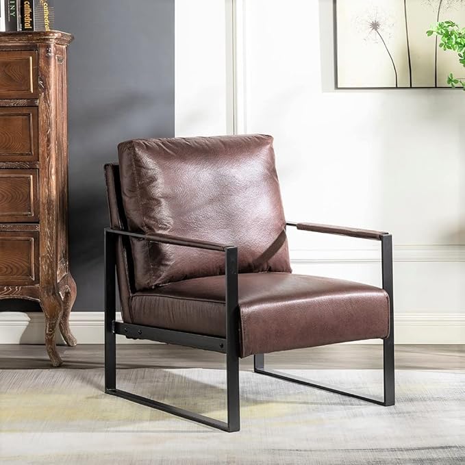 Container Furniture Classic Mid Century Modern Accent Chair with Durable Square Metal Frame Armchair for Living Room Bedroom Home Office in Spotted Microfiber Upholstery Dark Brown