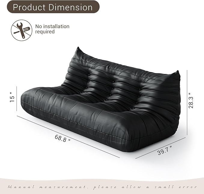 Lazy Floor Sofa3-Seater Fireside ChairBig Bean Bag Chair with Memory Foam Filled for Living RoomBlack