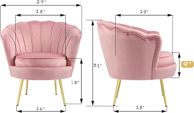 DAGONHIL Mid Century Modern Upholstered Accent ChairPetal Vanity ChairRetro Leisure Velvet Single Sofa with Golden Metal Legs for Living Room/Bedroom(Light Pink)