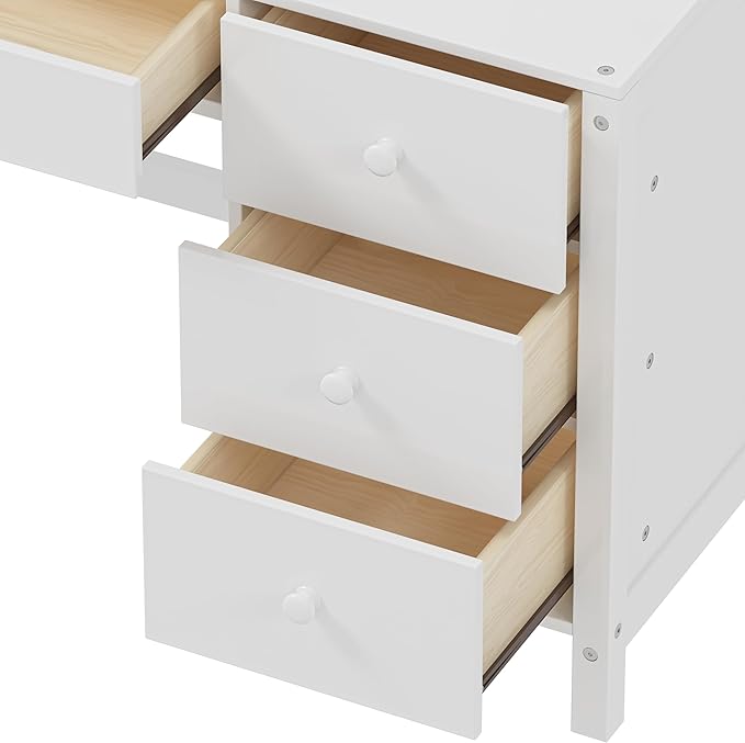 Wooden 40'' Home Office Desks with Bookshelf and Upholstered Chair Versatile Writing Desk Office Study Workstation with 4 Drawers and Storage Shelf for Office Study Room Bedrooms (White-Wood)