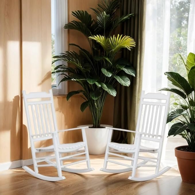 Patio Rocking Chairs Furniture White Wooden Outdoor Rockers Set of 2 Porch for Audlt Indoor Outside Balcony Garden Backyard Lawn Bistro and Lounge