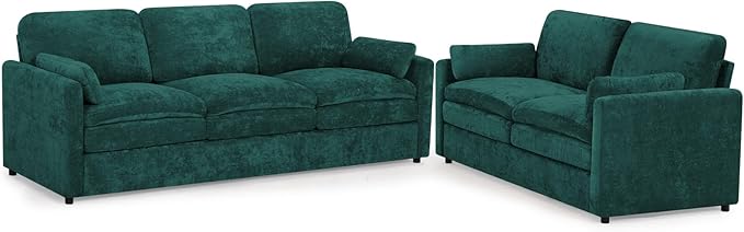 2 Pieces Chenille Sofa Set w/Arm Pillows Upholstered Loveseat &amp 3 Seater Sofa w/Comfortable Back Cushions Modern 2-Seat &amp 3-Seat w/High-Density Foam for Living Room Apartment Teal