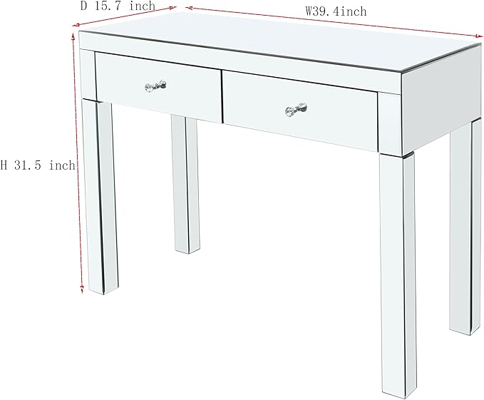 39.4‘’Silver Mirrored Desk Vanity Set Makeup TableMDF Silver Dressing Table with 2 Drawer Vanity Desk for Women Girls Home OfficeLiving Room Office Den (Mirrored Desk)