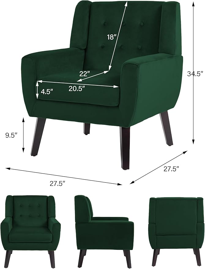 Accent Chair Modern Velvet Arm Chair for Living Room Bedroom Comfy High-Resilient Sponge Reading Chair for Small Spaces （Velvet Retro Green Set of 2
