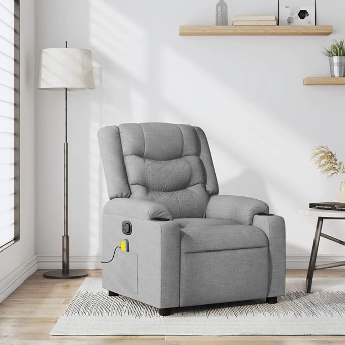 vidaXL Massage Recliner Chair for Elderly - Manual Recliner Lounge Armchair with Vibration Massage Cup Holders Side Pocket in Light Gray Fabric