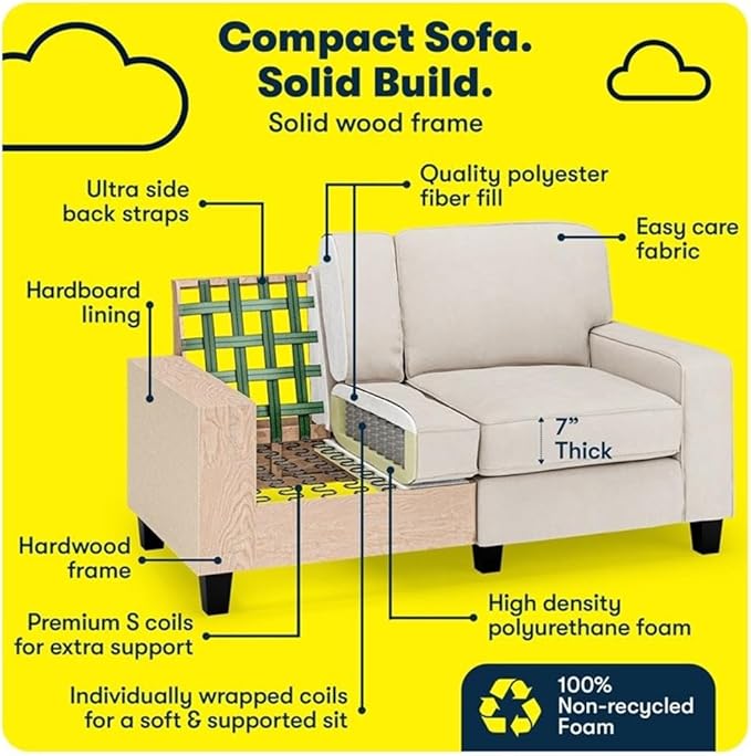 Pemberly Row 61 Track Arm Sofa Loveseat Solid Wood Frame Cream White Upholstery Removable Covers Pocket Coil Seat Cushions Space-Saving Design Modern Classic Style for Living Room or Home