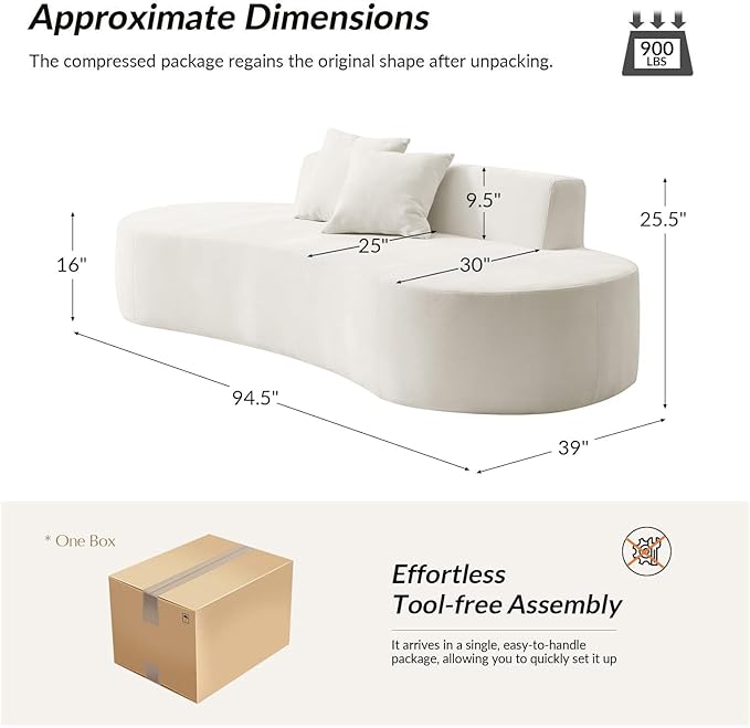 94.5 Boneless Sofa with 2 Pillows 3 Seater Compressed Foam Sofa with Half Moon Design &amp Deep Seat No Assembly Required Modern Cloud Couch for Living Room Ivory