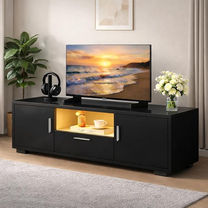 Modern TV Stand for 55 Inch TV – Black Entertainment Center with LED Lights &amp Spacious Storage Cabinets Sturdy Media Console for Family Living Room or Bedroom
