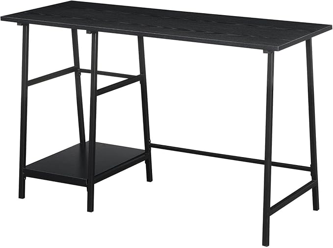 Pemberly Row Modern Trestle Wood Metal Desk Black Wood Grain Finish 47 in x 20 in x 29.25 in Particle Board and Powder Coated Metal Removable Shelves Home Office Workstation Desk