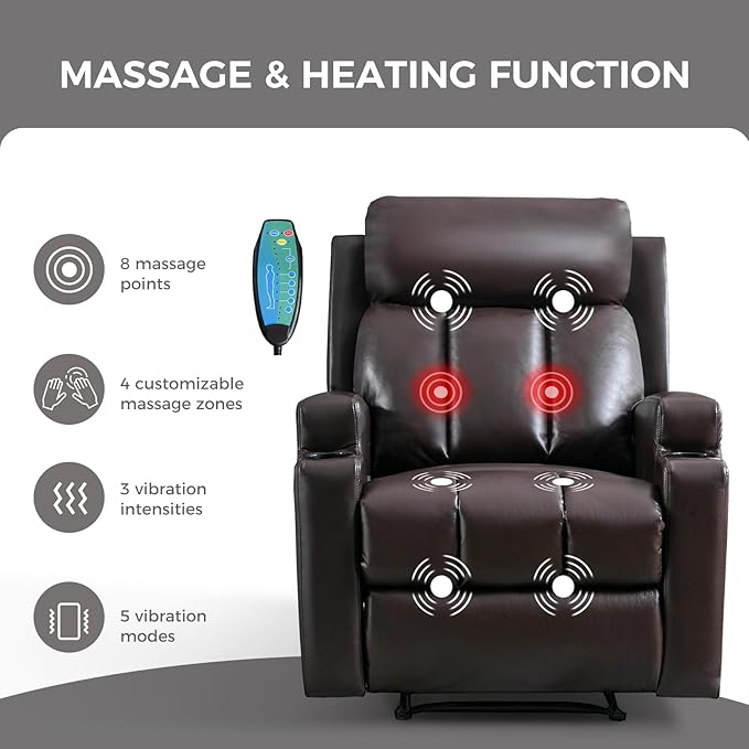 CANMOV Manual Recliner Chair with Massage and HeatBreathable Leather Recliner Chair with Armrest and Backrest Manual Reclining Single Sofa with 2 Cup Holders Side Pocket for Living RoomDark Brown