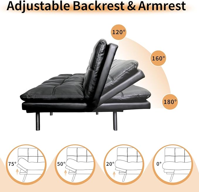 MUUEGM 71 Convertible Futon Sofa Bed Adjustable Backrest &amp Armrest Couch Comfortable Sleeper Loveseat with Faux Leather Ideal for Small Space Living Room Apartment Office Black