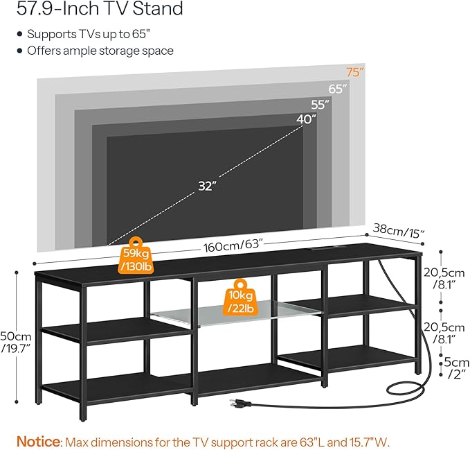 HOOBRO LED TV Stand for 75 Inch TVs with Charging Station Gaming Entertainment Center with 3-Tier Open Storage Long 63” Media TV Console Table TV Stand for Living Room Bedroom Black BB21UDDS01
