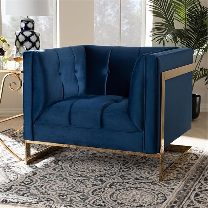 BOWERY HILL Velvet Accent Chair Royal Blue Upholstery Gold Finish Stainless Steel Frame Button Tufted Glam and Luxe Style Plywood Construction Fully Assembled 21.3 W Seat for Living Room and