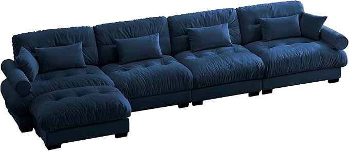 Velvet Modular Sectional Sofa4-Seater Cloud Couch with OttomanPillows and High Density Memory Foam for Living Room Home TheaterApartment（Blue）
