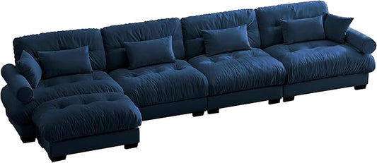 Velvet Modular Sectional Sofa4-Seater Cloud Couch with OttomanPillows and High Density Memory Foam for Living Room Home TheaterApartment（Blue）