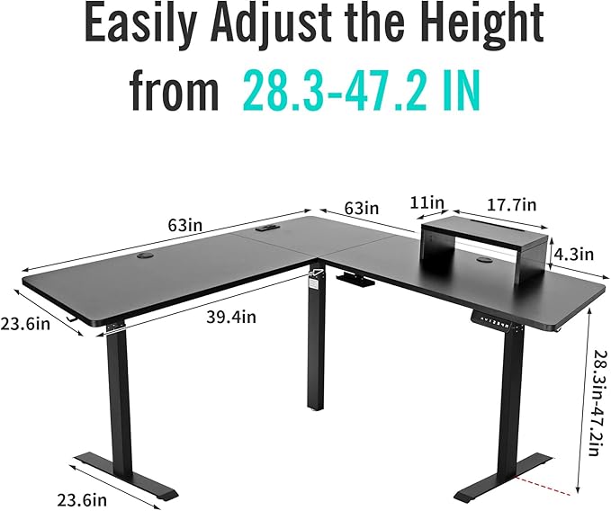 UNICOO L-Shaped Triple Motor Electric Height Adjustable Standing Desk - Gaming &amp Home Office Corner Desk with Easy Touch Control &amp Solid Steel Construction (Black Top/Black Frame - XOT-L3E-BB
