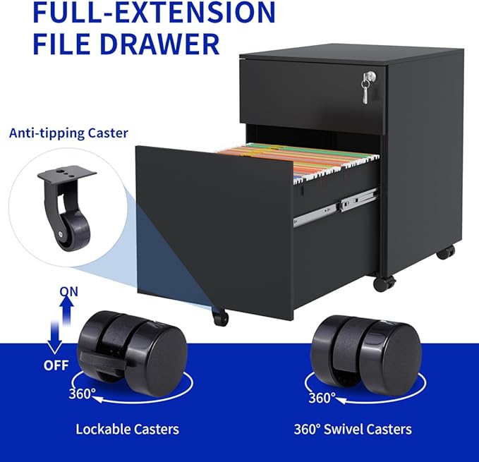 Hassyee Rolling Mobile 2 Drawer File Cabinet with 360° Rotation Caster Home Office File Cabinet with Full-Extension Slides for Legal/Letter/A4/F4 Size