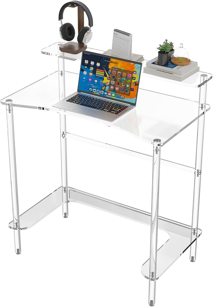 2Tier Acrylic Clear Desk 31.5x19.7x29.5 inch Computer Desk Home Office Desk Writing Table Furniture 0.47inch Thickness