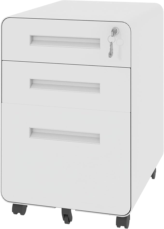 3-Drawer Mobile File Cabinet with Lock Small Storage Organizer for Home Office Under Desk Locking Drawers Fully Assembled Steel Cabinet on Wheels Anti-Tip DesignWhite