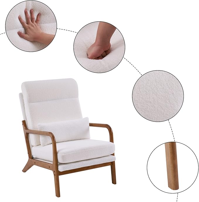 Karl home Accent Chair Mid-Century Modern Chair with Pillow High Back Teddy Fleece Upholstered Lounge Arm Chair with Solid Wood Frame &amp Soft Cushion for Living Room Bedroom Balcony White