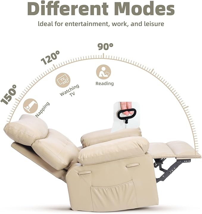 Garvee Oversized Recliner Chair Large Manual Recliner for Adults Lazy Chair PU Leather 1.5X Sponge Filling with Massage &amp Heat - Beige