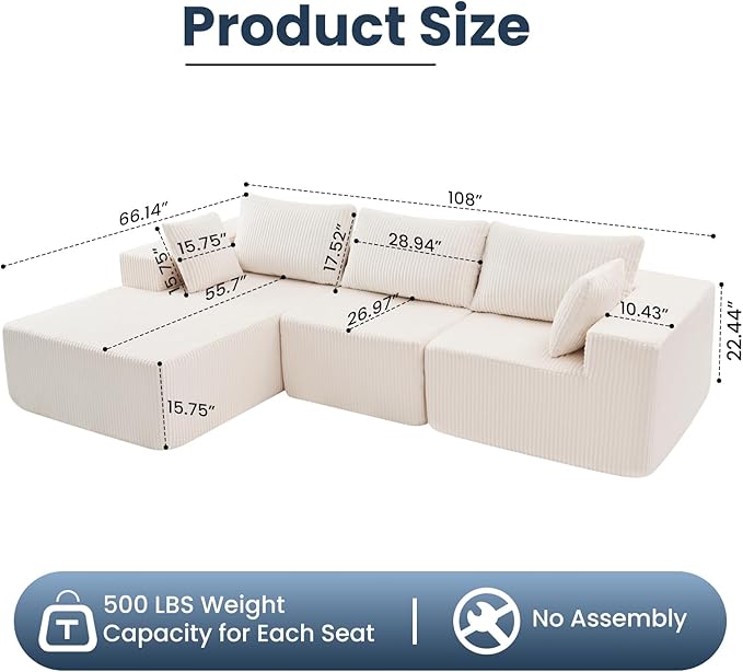 DUMOS 108 Boneless Couch Cloud Sectional Couch with L-Shape Chaise Modular Sectional Sofa with Deep Seat Upholstered Couch for Living Room Bedroom No Assembly Required (Beige Left Facing Chaise)