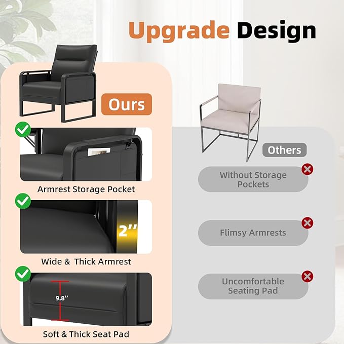 Modern Accent Chair Set of 2 Mid Century Armchair with Side Table &amp Metal LegsUpholstered Faux Leather Sofa Side Chairs for Living Room Reading OfficeBedroom(Black)
