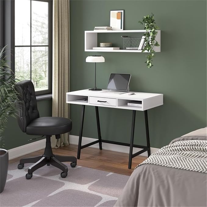 Pemberly Row 40 W Writing Desk Pure White Oak Finish Engineered Wood Compact with Storage Box Drawer and Open Compartments Industrial Style Powder-Coated Metal Legs Home Office or Study Desk